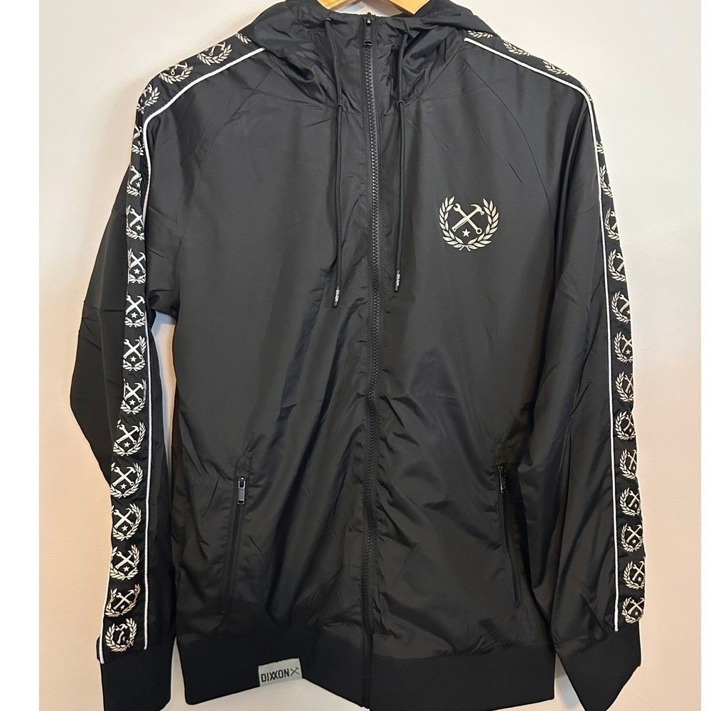 Dixxon Flannel Jacket Mens S Black Windbreaker Taped Sleeve Hooded Zip Coat NWT